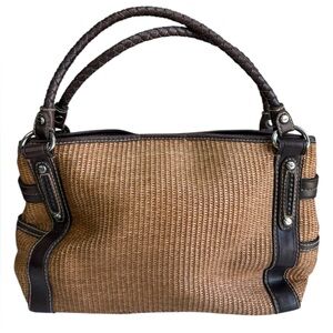 Vtg Fossil Raffia & Brown Leather Braided Handles Boho Spring Satchel